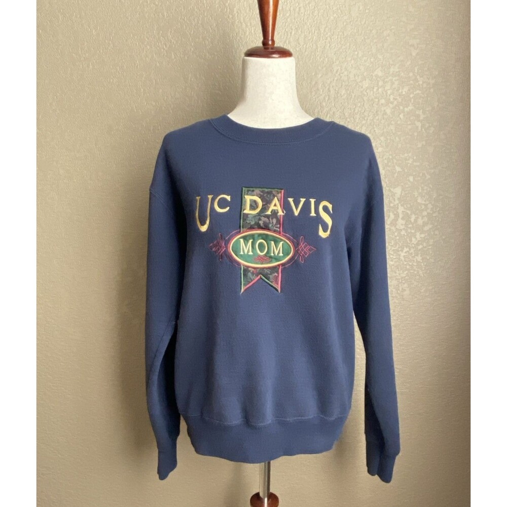 Vintage JanSport USA Made 90s College Embroidery Sweatshirt S Navy UC Davis Mom